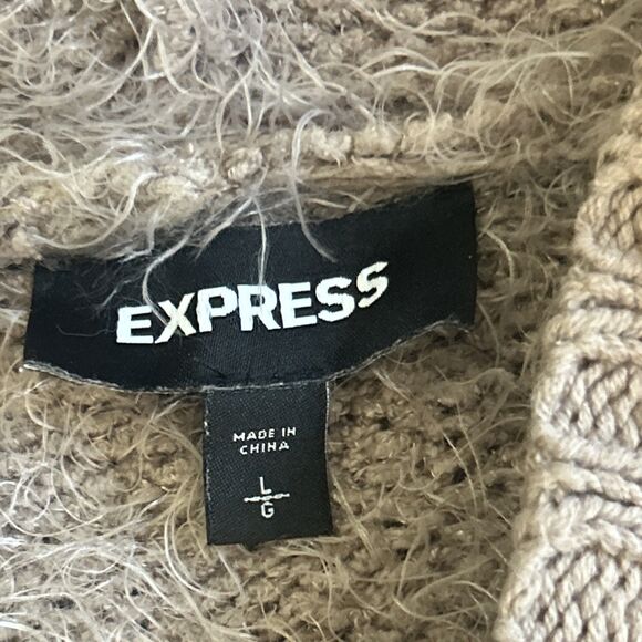 Express Longline Cardigan Sweater Womens Large Tan Eyelash Knit Hooded - Picture 3 of 10